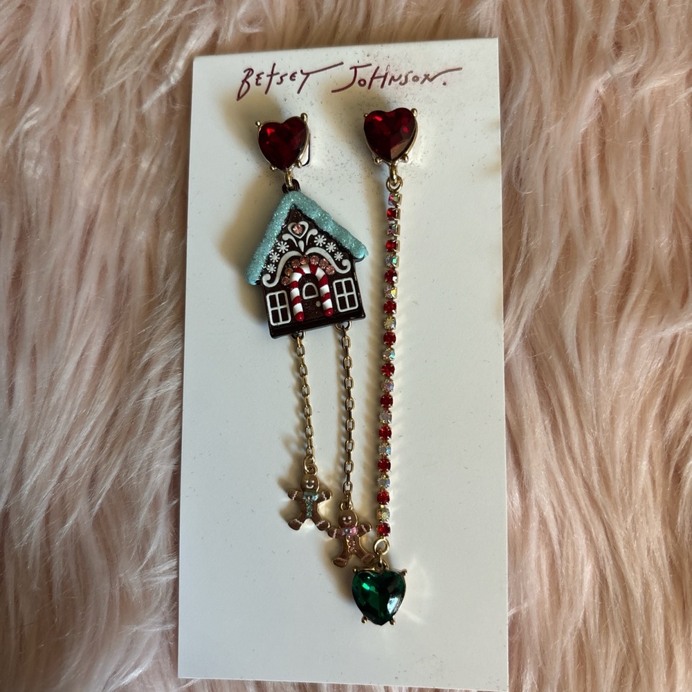Betsey Johnson Red Green Multi Gingerbread House Drop Mismatch Earrings